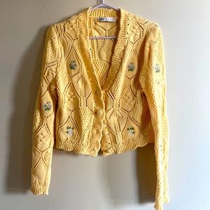 Zara Flower Embroidered Cardigan Yellow Sweater